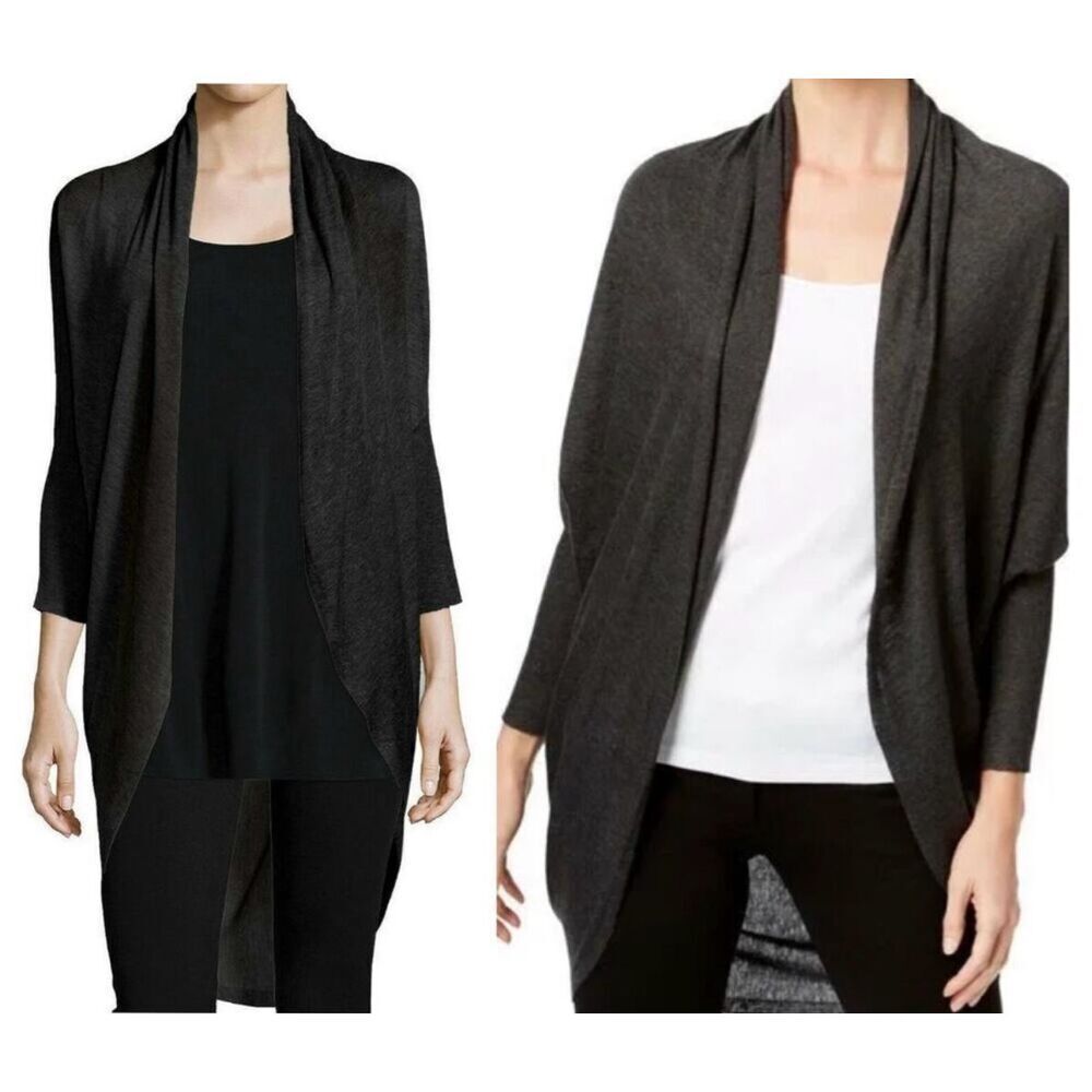 Eileen Fisher draped cardigan shawl sweater dolman sleeves gray lightweight M